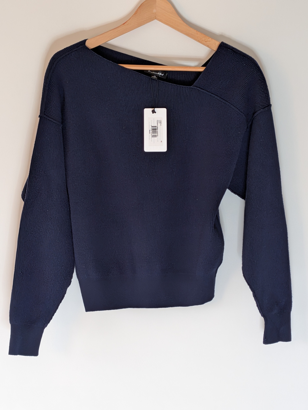 Women's Navy Asymmetric Neck Waffle Sweater - Unbranded